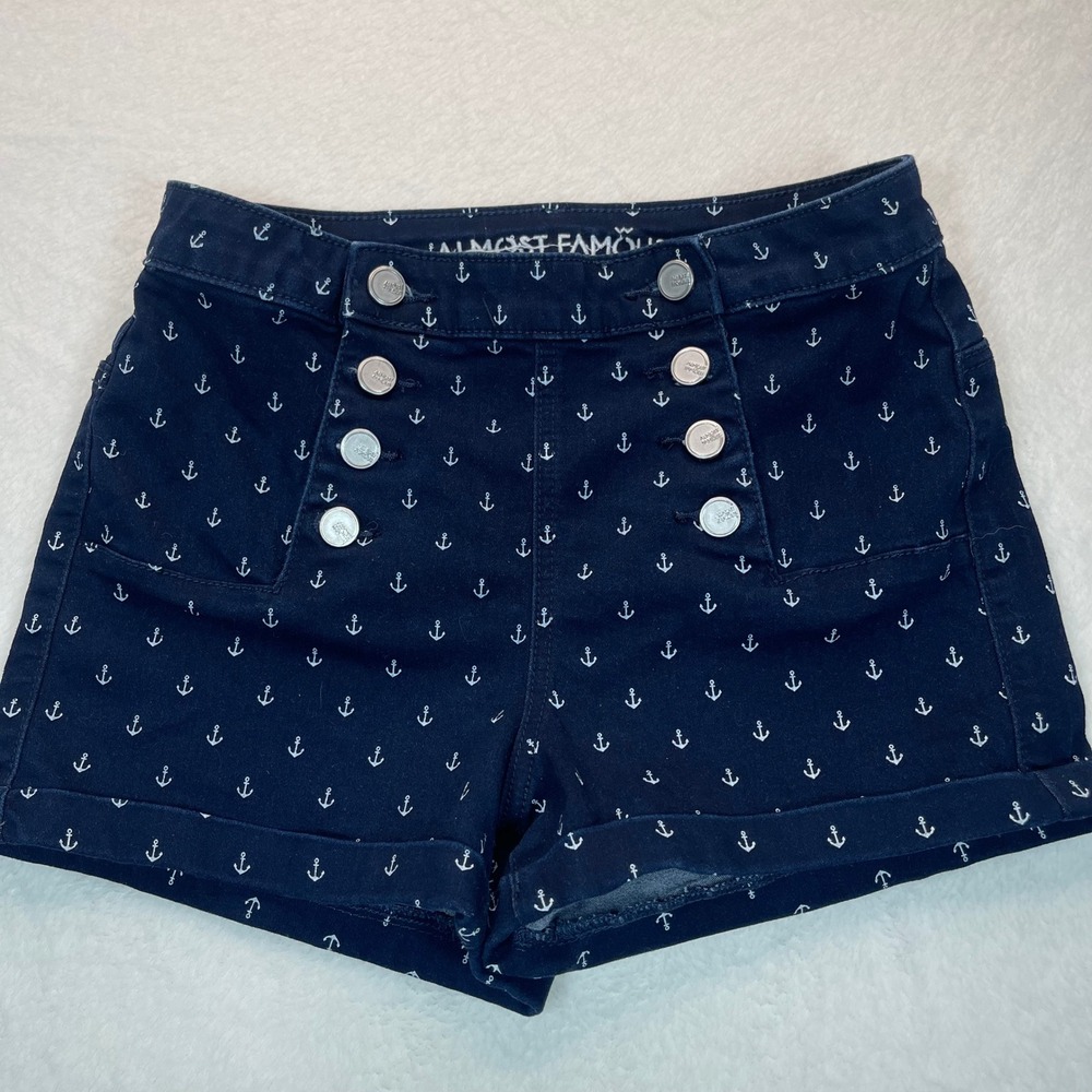 Almost Famous Sz 7‎ Navy Nautical Anchor Sailor Shorts High Waisted Button Front